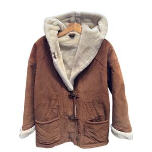 GALLERY Men's Genuine Leather Shearling Lined Hooded Duffle‎ Coat Size M